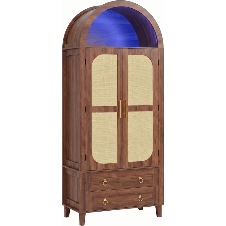 DESVIAE Sideboard Nussbaum aus MDF/Spanplatte – 76x179,5x40 cm – LED-Beleuchtung, 2 Schubladen – Bild 8