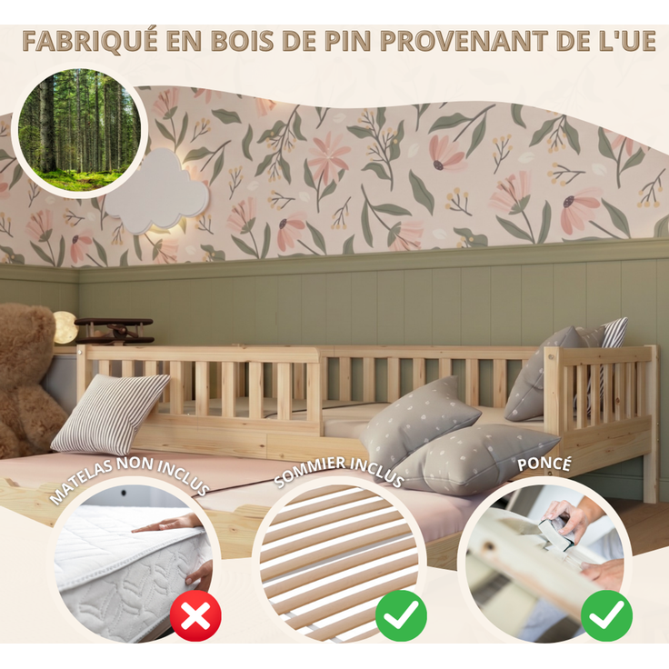 Crazy Pine 'Crazy Basic' Kinderbett mit Rausfallschutz, Skandinavisches Design, Holz, Natur, 100x190 cm, mit Ausziehbett – Bild 4