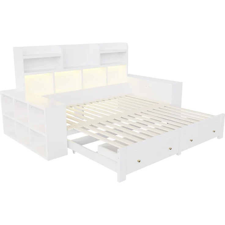 Abrihome Ausziehbares Schlafsofa aus Holz, Weiß, 90/180x200 cm, Stauraum, LED, Steckdose – Bild 6
