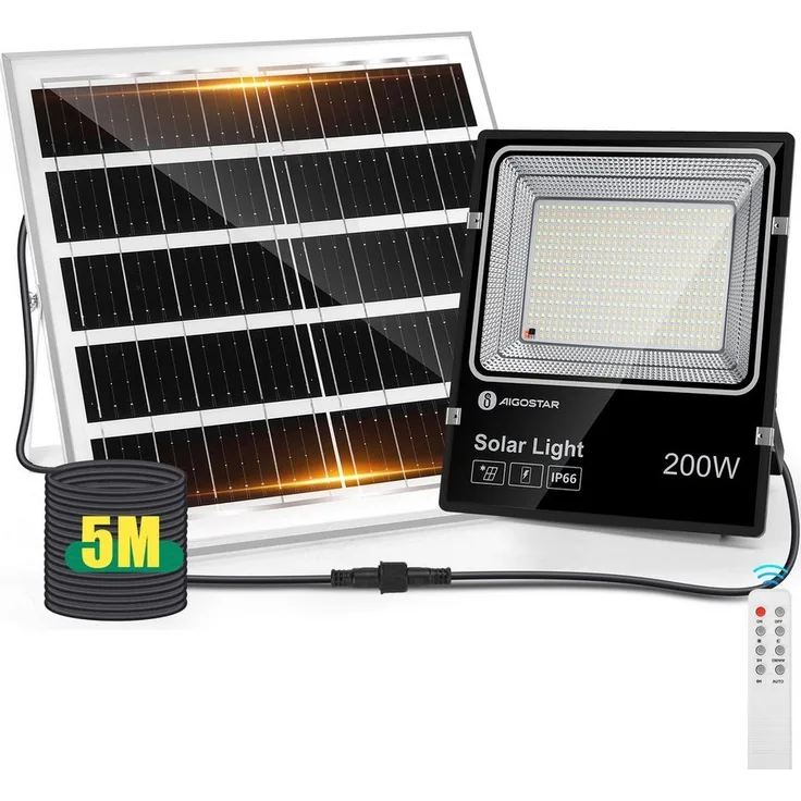 Aigostar Flutlichtstrahler Solar LED Strahler Außen mit Große Solarpanel,5 m Kabel,Ajustable,IP66, LED fest integriert, 3000k, 4000k, 6500k