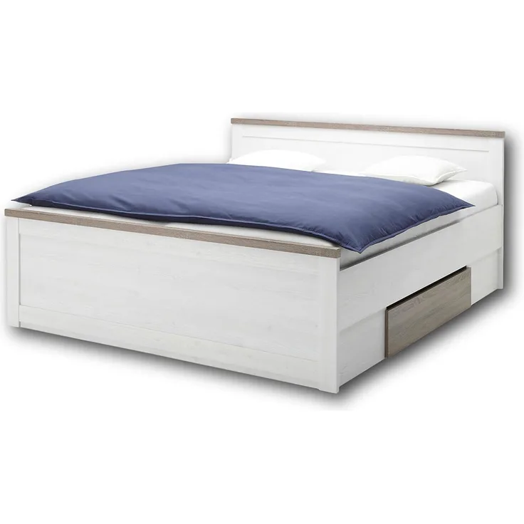 LUCA Stilvolles Doppelbett 180x200 cm mit 2x Bettkästen - Komfortables Landhausstil Schlafzimmer-Bett in Pinie Weiß / Trüffel - 186 x 91 x 205 cm (B/H/T)