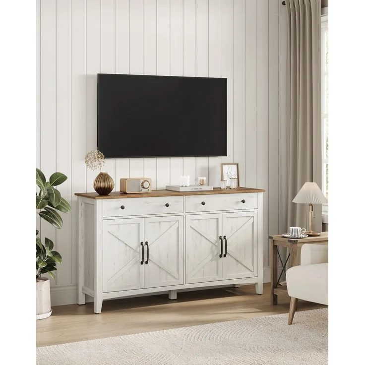 Vasagle Küchenschrank, mit Schubladen und Türen, verstellbare Ablage, Holz/Stahl, vintageweiß-honigbraun, 40 x 140 x 80 cm – Bild 3
