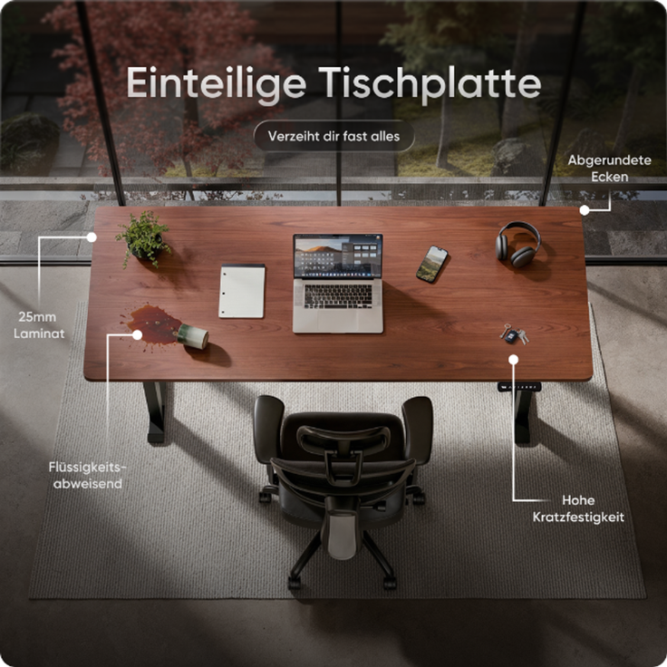 DESKSPACE Höhenverstellbarer Schreibtisch elektrisch mit leisem Dual-Motor – stabiles 4-Bein-Gestell (Schwarzes Gestell, Mahagoni Tischplatte, 140×70 cm) – Bild 8