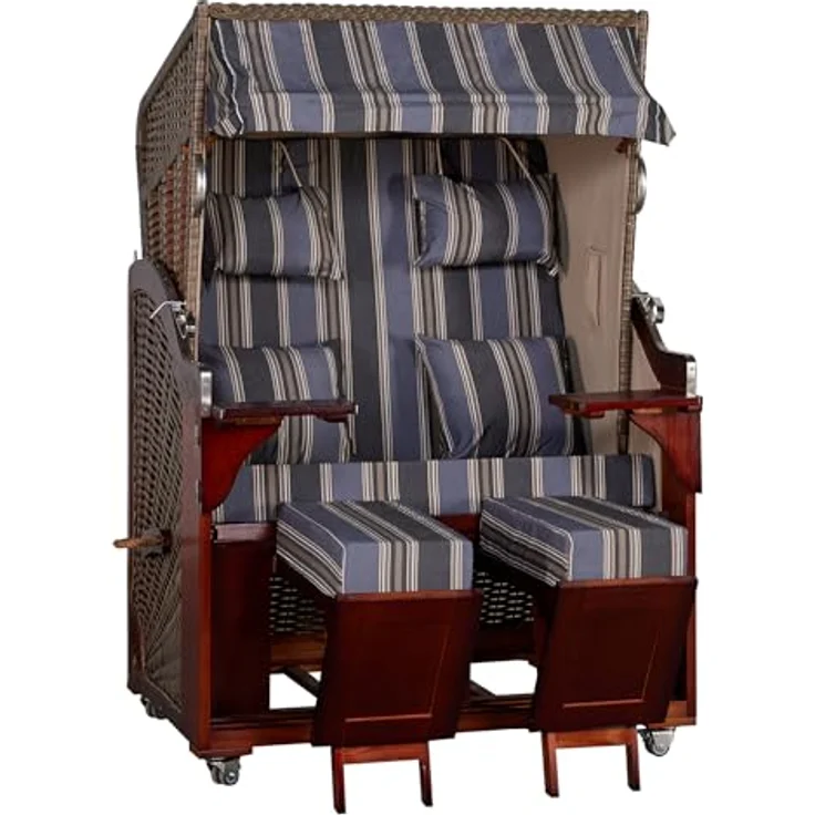 WebaVita Strandkorb Karibik 2-Sitzer, blau, FSC 100%, BxTxH: 123x90x170 cm, Premium Modell mit grauer Polsterung und blauen Streifen – Bild 1