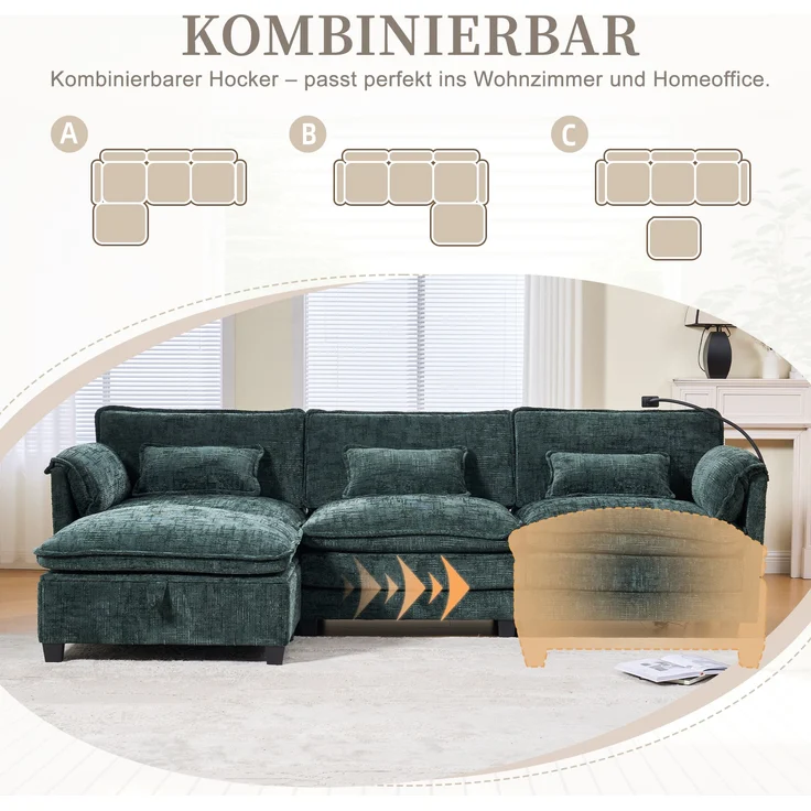LVHOM 3-Sitzer Sofa mit Hocker, L-Form Ecksofa mit Stauraum, Modulares Sofa mit USB-C-Anschluss, Handyhalter und Seitentaschen, weiche Chenille-Stoff, Couchgarnitur, Grün – Bild 5
