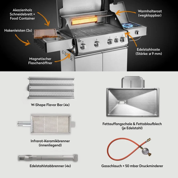 BURNHARD® Gasgrill 4-Brenner, 21,2 kW Gesamtleistung, Infrarot-Keramikbrenner, Seitenkochfeld, Edelstahl, Edelstahlrost, große Grillfläche, Piezo-Zündung – Big FRED Deluxe - Silber - #947139 – Bild 4