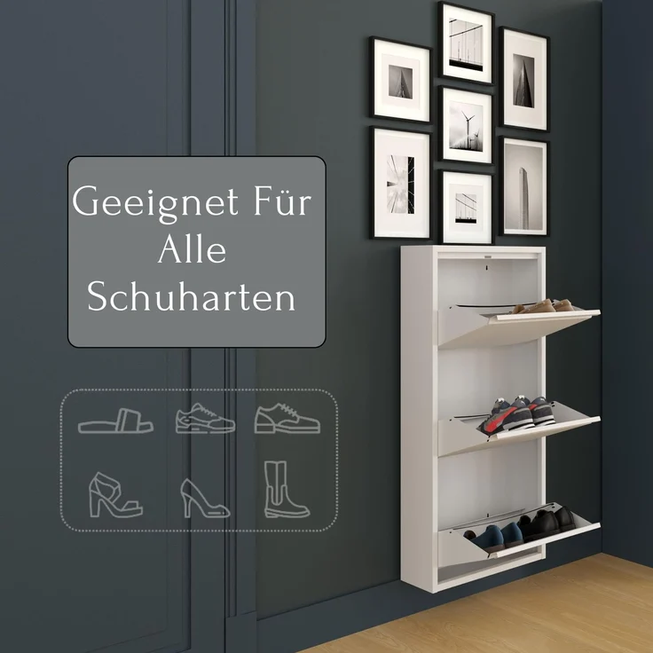 Schuhkipper Metall 50 x15 x103,5 cm, 3 Klappen, weiß RAL 9003 – Bild 1