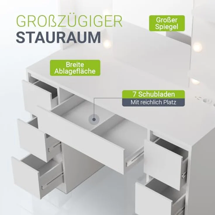 Juskys Schminktisch Malia mit LED-Beleuchtung & Spiegel, 7 Schubladen, stufenlos dimmbar, 3 Farbtemperaturen, Stauraum, elegantes Design – Weiß – Bild 5