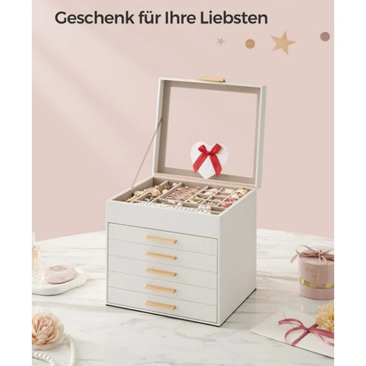 Songmics Schmuckkästchen, Schmuckkasten 6 Ebenen, Schmuckbox mit Glasdeckel, 5 Schubladen, Schmuckaufbewahrung, Stauraum, modern, Geschenkidee, 20,3 x 23,1 x 22,8 cm, wolkenweiß-golden JBCDE176W01 – Bild 5