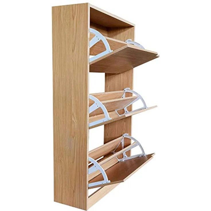 BAKAJI Schuhschrank aus MDF-Holz mit 3 Türen, Schuhregal, versenkbare Griffe, doppelte Tiefe, kompakte Größe, 63 x 24 x 115 cm, platzsparend, Eingangsbereich zu Hause (Eiche) – Bild 5