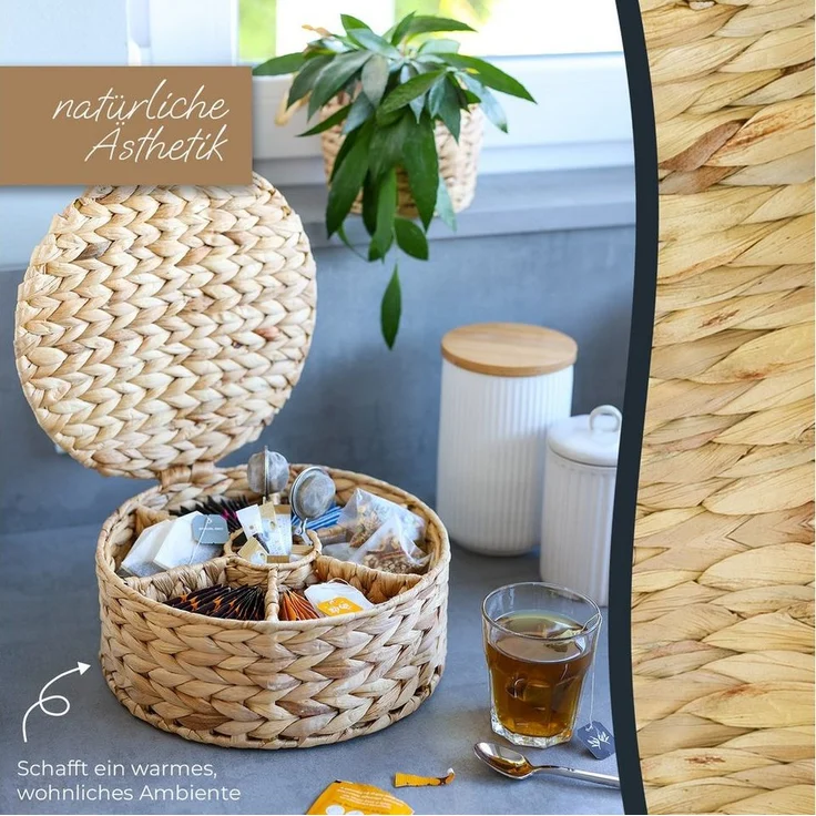HMF Teebox Teebox für Teebeutel geflochten aus Wasserhyazinthe, Wasserhyazinthe, Tee Aufbewahrungsbox mit 7 großen Fächern, 27 x 27 x 11 cm – Bild 3