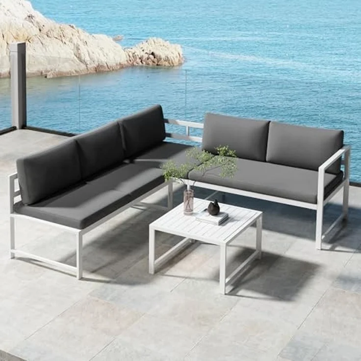 Sitzgruppe Weiß Aluminium Lounge Ecksofa mit Liegefunktion wetterfest Garten Tisch Outdoor-Möbel – Bild 3