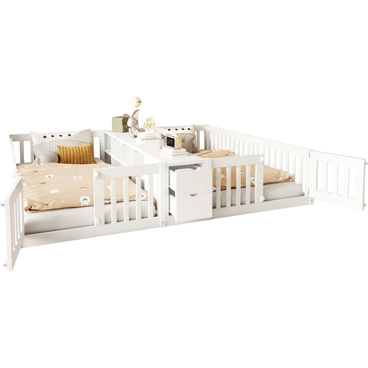 EINHOM Holzbett 90 x 200 cm, mit Schublade und Doppelstöckigem Regal, Kinder-Doppelbettgestell mit Sicherheitsgitter, Hohe Gitter, Holz, Weiß, (Ohne Matratze) – Bild 4
