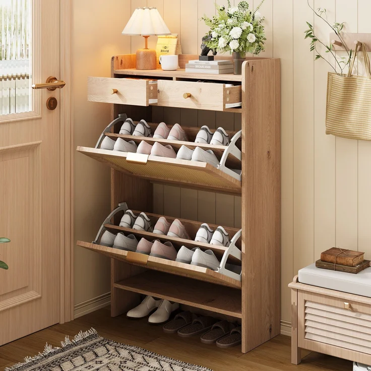 ZUBALIYA Schuhschrank (65 x 25 x 106 cm), 2 Klappfächer und 2 Schubladen, Fronten in Flechtoptik, Aus Spanplatte, Naturfarben – Bild 7