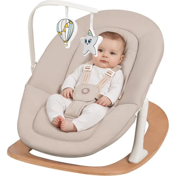 Lionelo Celia Rocker Babywippe ab Geburt bis 9 kg, verstellbare Rückenlehne, 5-Punkt-Gurt, Spielbogen mit Kissen, waschbarer Bezug, zerlegbar für Transport, Buchenholz-Kufen