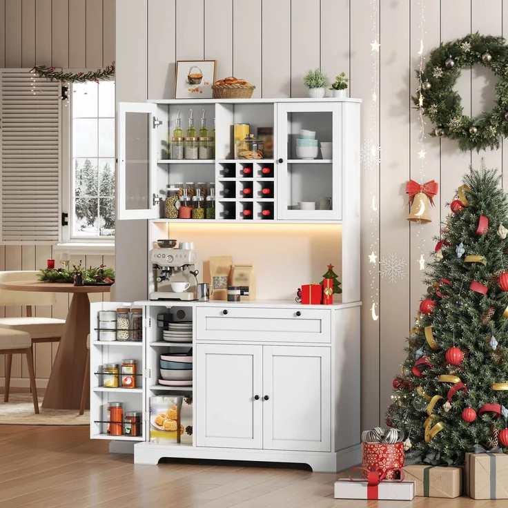 Küchenschrank, Hochschrank, Aufbewahrungsschrank, Vitrinenschrank mit Tür, integriertem Gewürzregal, verstellbaren Einlegeböden,mit farbwechselnder LED-Beleuchtung und Steckdose, 180 × 105 × 40 cm--Weiß--105x40x180cm--YOUDENOVA – Bild 10