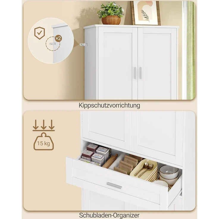 Buffetschrank, Küchenschrank mit 6-stufigem Türrückseiten-Regalsystem, Sideboard mit 4 Türen und 1 Großer Schublade, Modern Stil, Küche, Wohnzimmer, 40 x 80 x 180 cm, Weiß – Bild 6