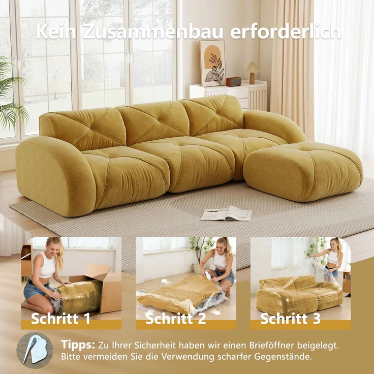 EINHOM L-förmiger Sessel, modulares Sofa, Dreisitzer-Kombinationssofa geeignet für das Wohnzimmer, rutschfeste Unterseite, keine Montage erforderlich, modulares Sofa mit Fußstütze, Gelb – Bild 6