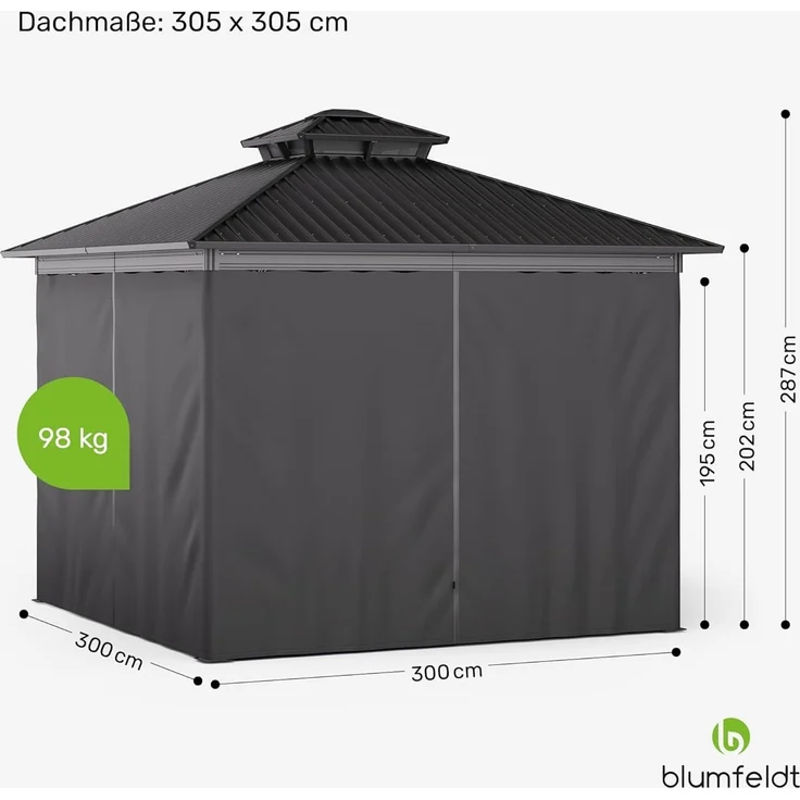 Blumfeldt Pavillon 3x3, Gartenpavillon Wasserdicht Stabil, Aluminiumrahmen & Verzinktes Stahldach, Inkl. Vorhänge & Moskitonetz, UV-Schutz, Wetterfest, Schwarz – Bild 7