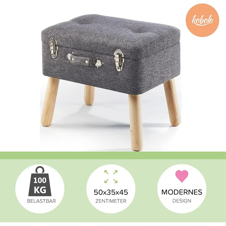 Kobolo Sitzhocker Kofferhocker Polsterhocker aus Textil in hellgrau (1 Stück) – Bild 4
