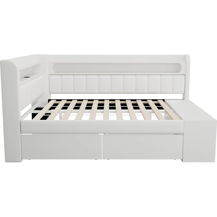 Merax Kinderbett, Einzelbett, Schlafsofa 90x200cm mit USB-Anschluss und LED-Lichtleiste, inklusive Schuhschrank und zwei Schubladen, weiß – Bild 7