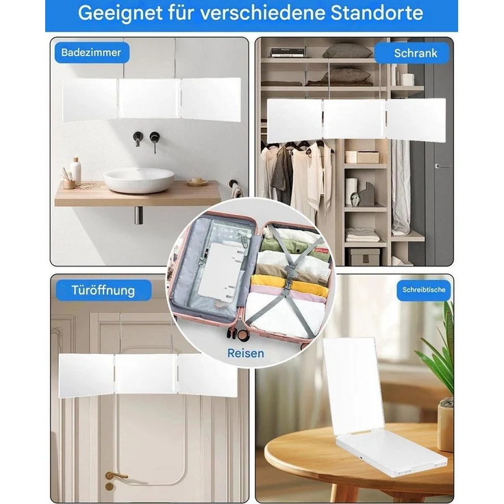 SinLaw LED-Lichtspiegel 360° Schminkspiegel,Drei Spiegel, Tragbarer Spiegel mit Licht,Weiß, Mit LED-Verstellleuchte und Haken – Bild 2