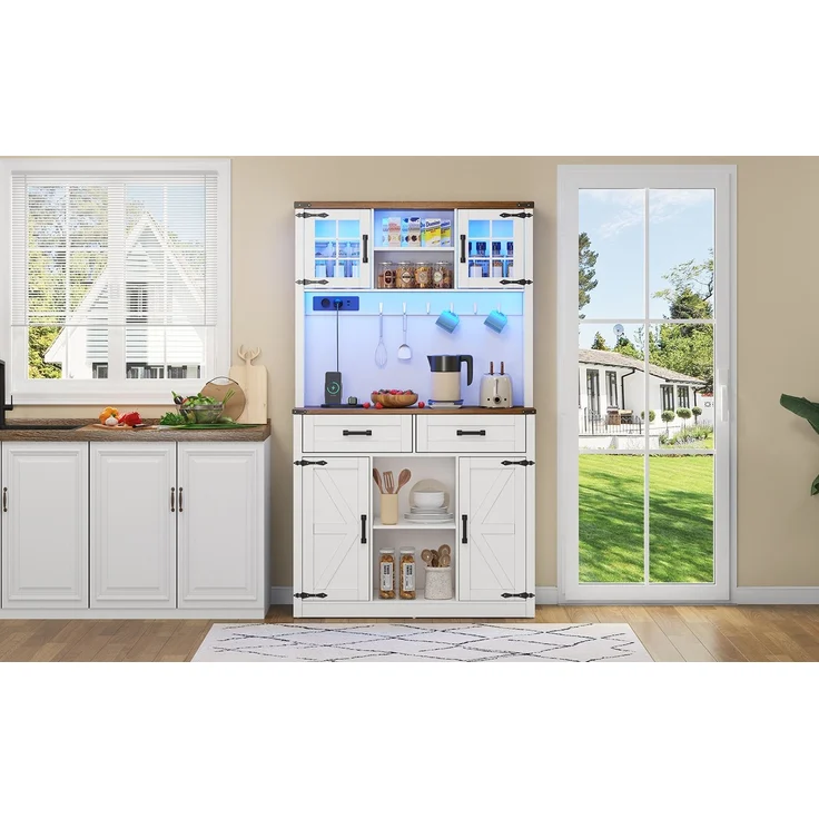 ZUBALIYA Buffetschrank 100x40x172 cm, mit LED-Beleuchtung, mit Steckdosen, mit verstellbaren Einlegeböden, aus MDF, Braun / Weiß – Bild 18