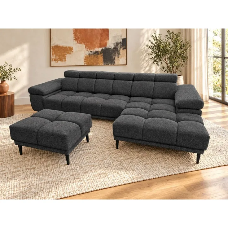 Ecksofa Schlafsofa SENVELIO RELAX inkl. Hocker Stoff Glam Anthrazit Ottomane Rechts
