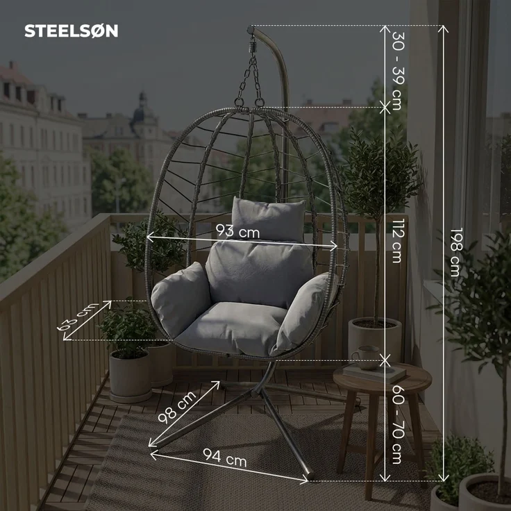 STEELSØN 'Alarian' Hängesessel mit Metallgestell, höhenverstellbar und faltbar, wetterfest, Polyrattan, dunkelgrau/schwarz, bis 150 kg belastbar, inkl. Kissen – Bild 9