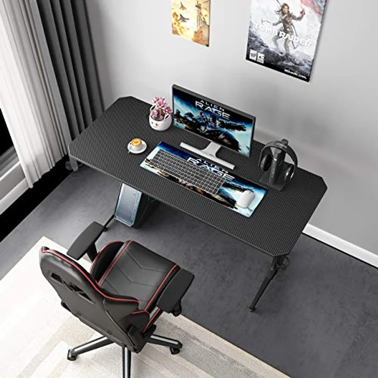 SogesHome Gaming Tisch 140cm Gaming Schreibtisch Computertisch in T-Form Gaming Table PC Tisch Schreibtisch mit Mausunterlage, Getränkehalter und Kopfhörerhaken,Bürotisch Ergonomischer Gamer Tisch – Bild 7