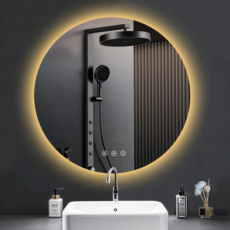 PESENXAN LED Badezimmerspiegel 70 cm, runder Wandspiegel mit Beleuchtung, 3 Lichtfarben, dimmbar, Touch-Schalter, Anti-Beschlag, Memory-Funktion, IP44, Schwarz