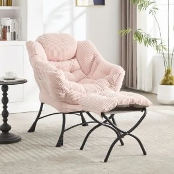 Bequemer Lounge Sessel mit Hocker, ergonomischer Relaxstuhl mit Armlehnen und Seitentasche, weicher Flanellbezug,Rosa