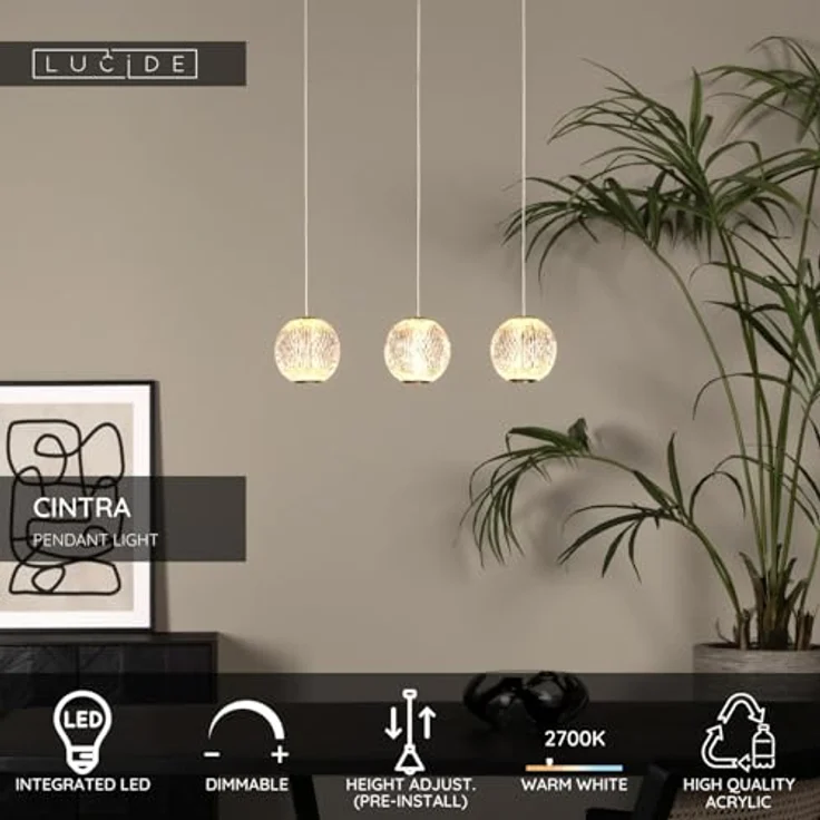 Lucide CINTRA Pendelleuchte, LED dimmbar, 3x4,7W, warmweiß 2700K, höhenverstellbar, transparent – Bild 3