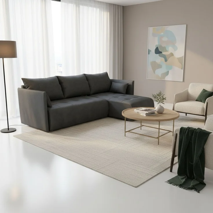 Wohnero24 NESSA Ecksofa mit Schlaffunktion 206x140 cm & Bettkasten – L-Form Couch Dunkelgrau 218x152 cm – Bild 2