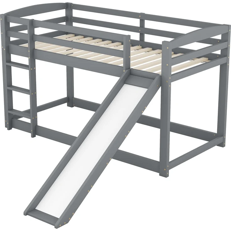 Etagenbett Kinderbett mit Rutsche 90x200 cm, Doppelstockbett für Jugendliche, platzsparendes Hochbett mit Geländer, Leiter beidseitig montierbar,Grau – Bild 7