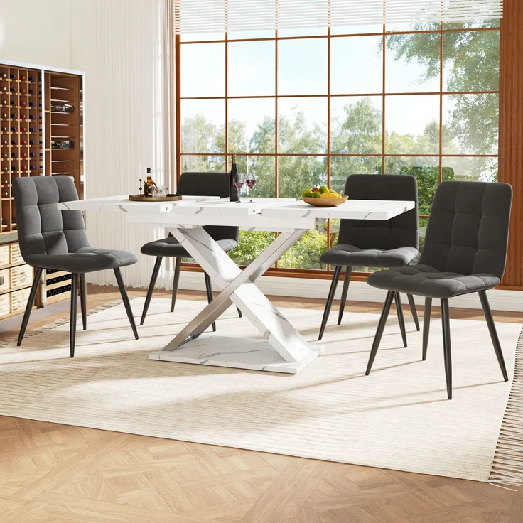 Teleskop-Esstisch 118–157 cm mit Marmormuster MDF-Platte, robustes Kreuzbein-Design, Metall-Teleskopstange, 76.4cmx118-157cmx75cm – Bild 1