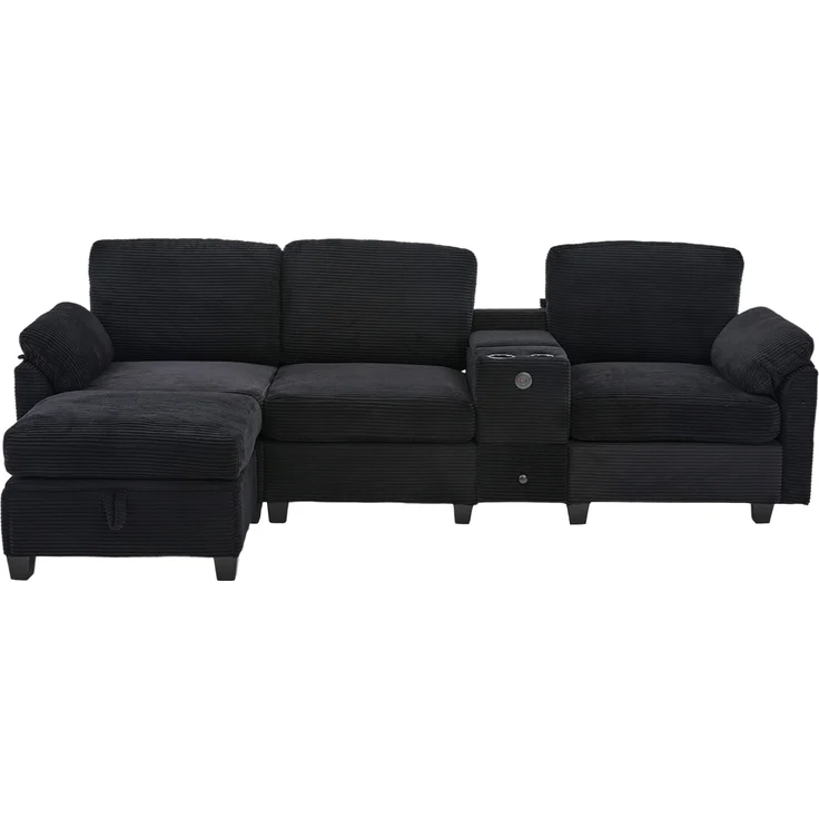 LVHOM 3-Sitzer Sofa mit Hocker, L-Form Ecksofa mit Stauraum, USB-C-Anschluss und 2 Getränkehaltern, modulares Sofa, Schwarz – Bild 2