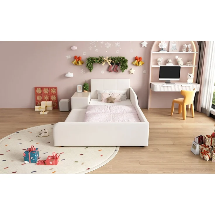 EINHOM Polsterbett, Einzelbett mit Kinderschreibtisch und Hocker, mit Ablageboden, Weiches Kopfteil, Kinderbett mit Holzlatten, Samt, 90 x 200 cm, Weiß, (Ohne Matratze) – Bild 6