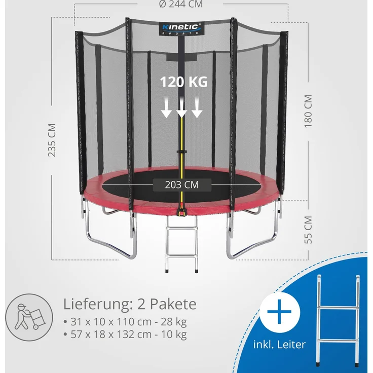 KINETIC SPORTS Trampolin Outdoor SALTO - Kindertrampolin Gartentrampolin Set mit Leiter, Netz, Randpolster, USA Sprungtuch, bis zu 160kg, Pink, Ø 250 cm – Bild 7