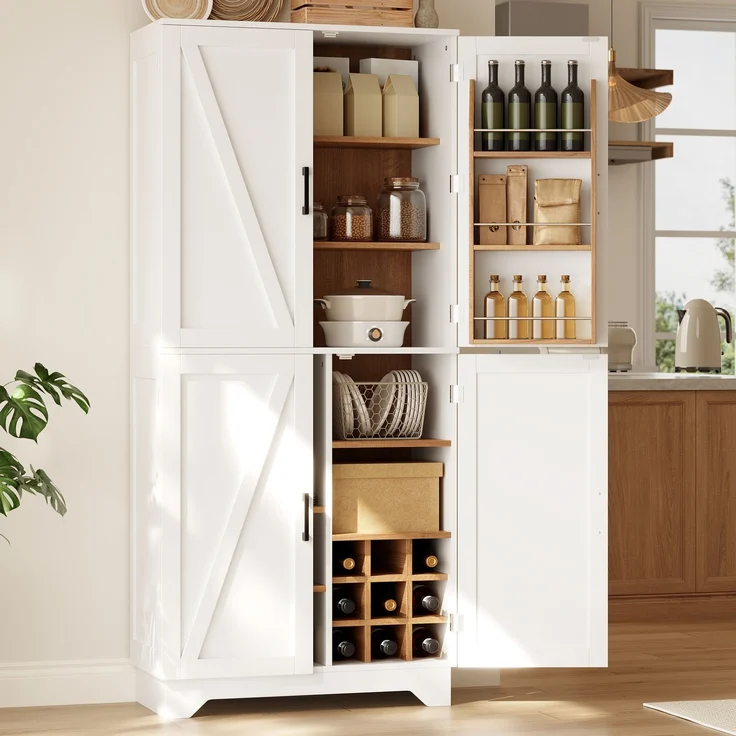 Küchenschrank, hoher Stauraumschrank mit 4 Scheunentor-Türen, Vorratsschrank mit Weinregal und Türregal, Aufbewahrungsschrank für Wohnzimmer und Esszimmer, 80 × 40× 180 cm – Bild 4