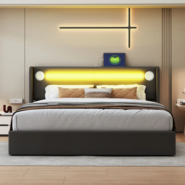 Polsterbett 160x200 Bett mit LED-Lichtleiste, Bluetooth-Player und USB-Aufladung, Stauraumbett aus PU-Leder, Hochbettkasten, Doppelbett mit Lattenrost Schwarz – Bild 3