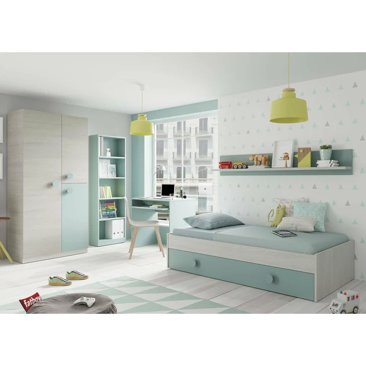 Dreitüriger Kleiderschrank mit Kleiderstange und drei Innenböden, Farbe weiß mit heller Holzoptik mit wassergrünem Türdetail, 90 x 200 x 52 cm. – Bild 4