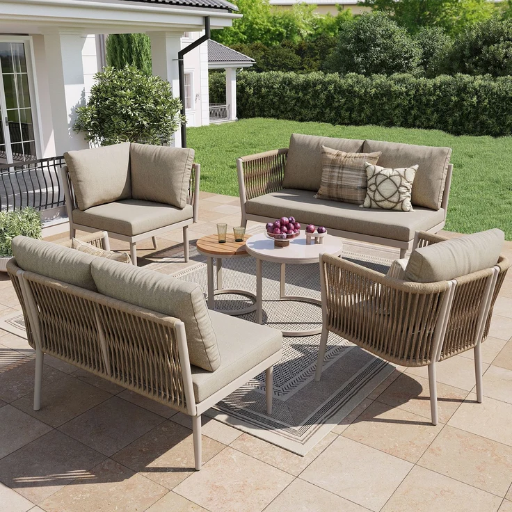 Merax Gartenlounge-Set für 5-6 Personen, 6-Sitzer Gartenmöbel-Set Sitzgruppe mit 2 stapelbaren Couchtische, Beige – Bild 2