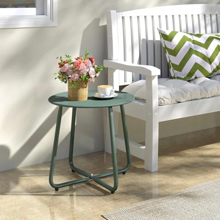 HollyHOME Beistelltisch Outdoor Balkontisch Klein Gartentisch Rund Beistelltisch Metall Wetterfest Loungetisch Outdoor Couchtisch für Patio Terrasse Wohnzimmer, Grün – Bild 2