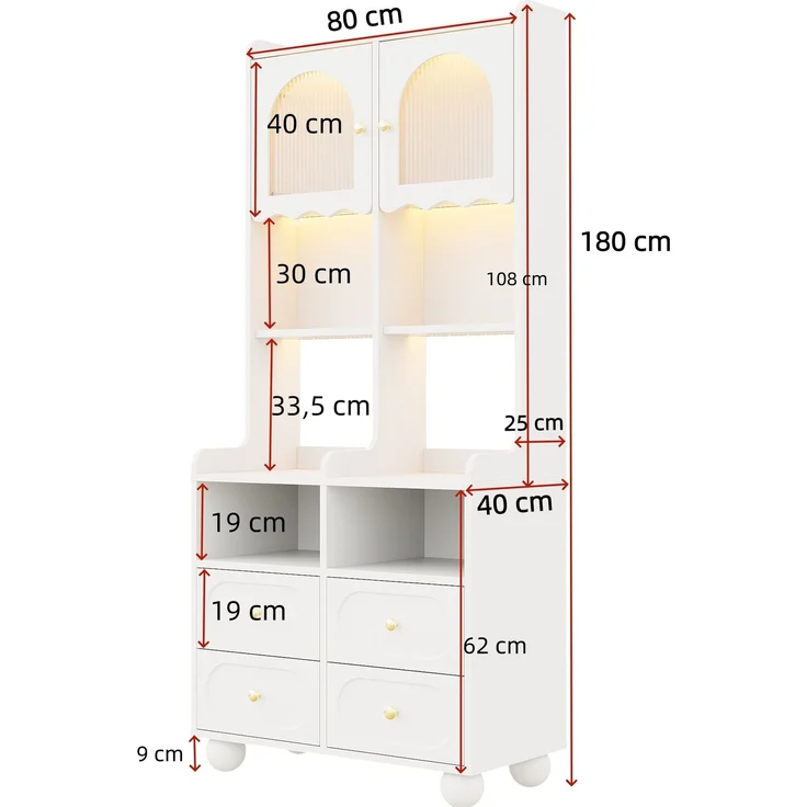 Glasvitrine mit Rippglas, LED-Beleuchtung und 4 Schubladen, 80x40x180 cm, Weiß – Bild 5