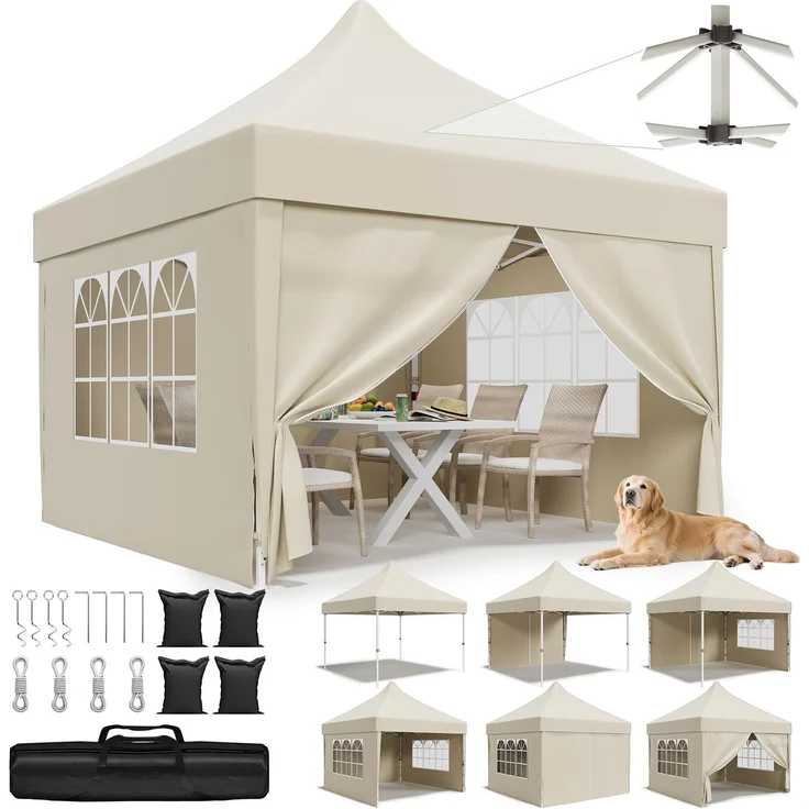 JUMMICO Faltpavillon 3x3 mit Hoher Spitze, um 60% Verbesserte Regenschutzleistung. UV 50+, Pavillon 3x3 Wasserdicht Stabil Winterfest, Shelter mit seitenwänden, für Garten und Camping, Beige