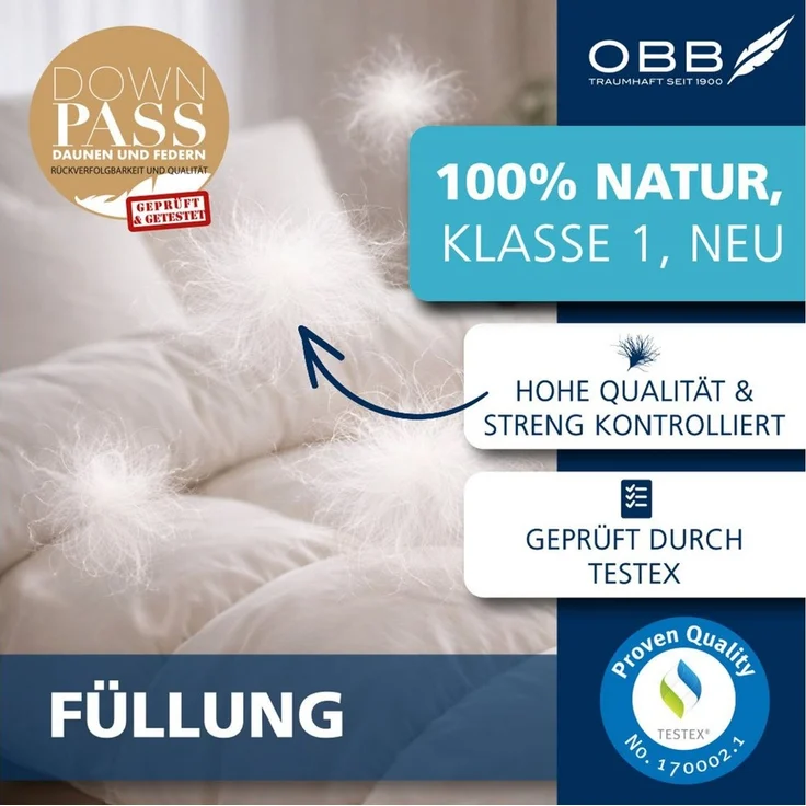 OBB Daunenbettdecke + Kopfkissen Edition 125 Jahre, Bettendeckenset 2teilig, für Sommer oder Winter, Füllung: Bettdecke: 90% Daunen, 10% Federn, Kopfkissen: 90% Federn, 10% Daunen, Bezug: 100% Baumwolle, Decke mit Kissen 135x200 oder 155x220 cm, Made i... – Bild 4