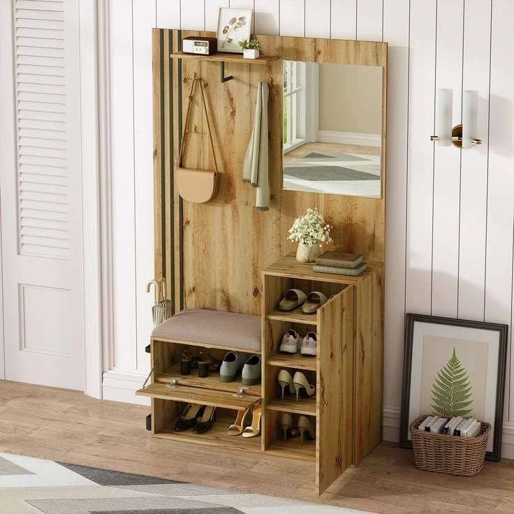 Flurgarderobe 115 x 37 x 185 cm mit Sitzbank,Spiegel, Kleiderstange,verstellbaren Regalen,Soft-Close – Bild 3