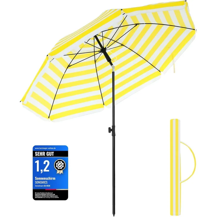SONGMICS Sonnenschirm für Strand, Ø 160 cm, Gartenschirm, UV-Schutz bis UPF 50+, knickbar, tragbar, Schirmrippen aus Glasfaser, gelb-weiß gestreift GPU60YW