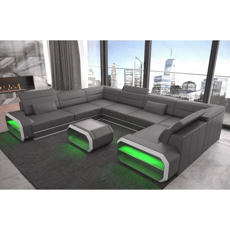 Leder Wohnlandschaft Verona U-Form – Komfort - Kunstleder - grau-weiß - Links – Bild 2
